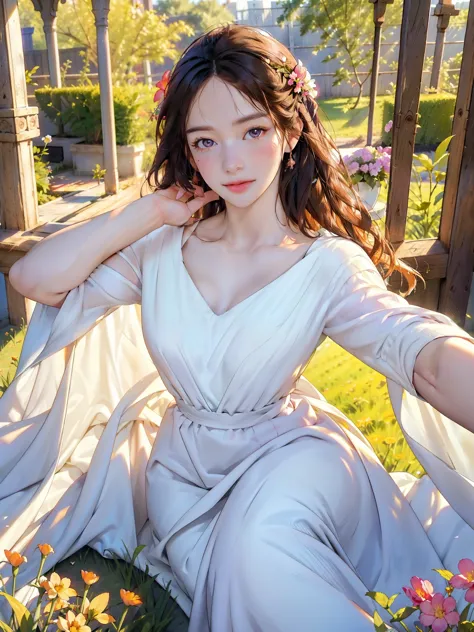 (best quality,4k,8k,highres,masterpiece:1.2),ultra-detailed,(realistic,photorealistic,photo-realistic:1.37),A garden blooming with flowers, under the light of the sun, girls wearing floral dresses dance gracefully. The girls have beautiful detailed eyes, b...