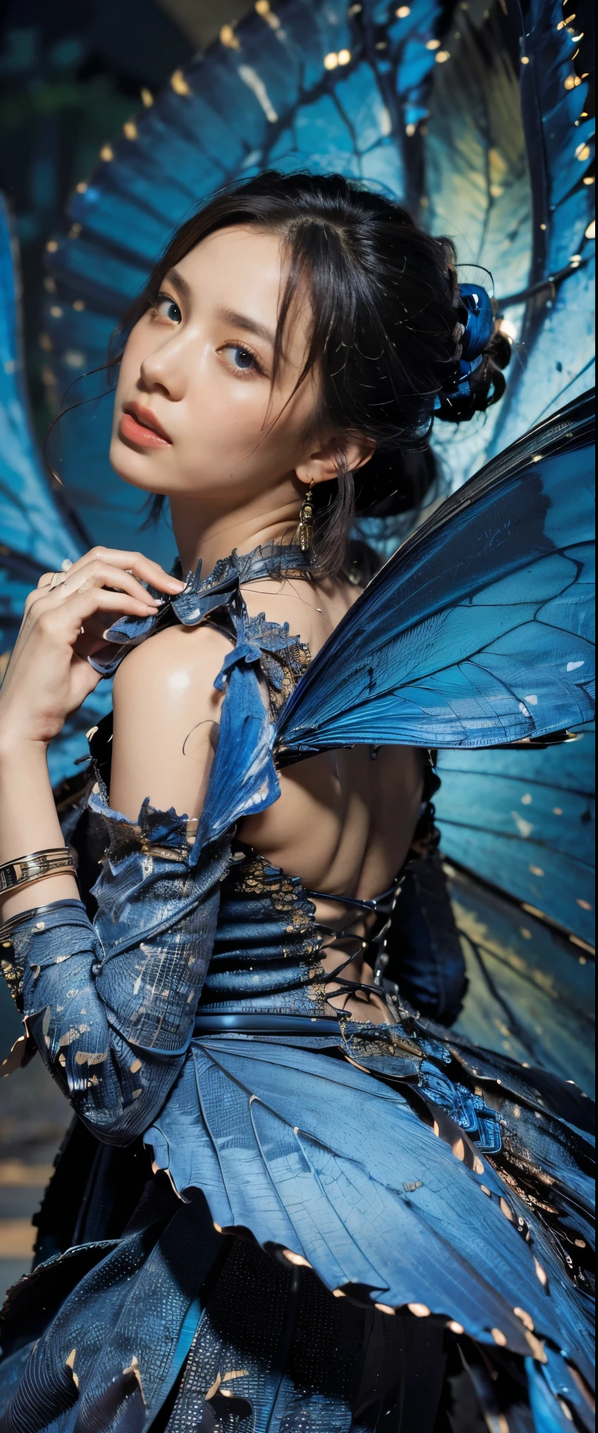 ((obra maestra, de la máxima calidad, Máxima calidad de imagen, Alta resolución, Fotorrealista, foto cruda, 8K)), ((Fondo de pantalla CG unificado 8k extremadamente detallado)), Una mariposa azul solitaria revoloteando en el cielo estrellado, Enormes alas de mariposa desde atrás., (Alas azules brillantes), Alas azules brillando en la noche oscura., vestido de verano ondeando,