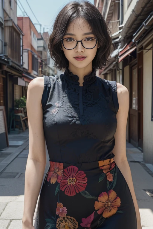  (Girls wearing sleeveless floral pattern onepiece dress:1.2), BREAK ​masterpiece,8K,32K,top-quality,(A detailed eye),(A cute Japanese woman),23years old,(2 girls in:1.4),elegent,(Detailed background depiction),Japan alley,standing,Sunlight,during daytime,(smile:1.2),(cowboy shot),(braless:1.4),(slender body:1.5), BREAK (Black very short wavy pixie hair over one eye:1.3),cleavage,Glasses, 