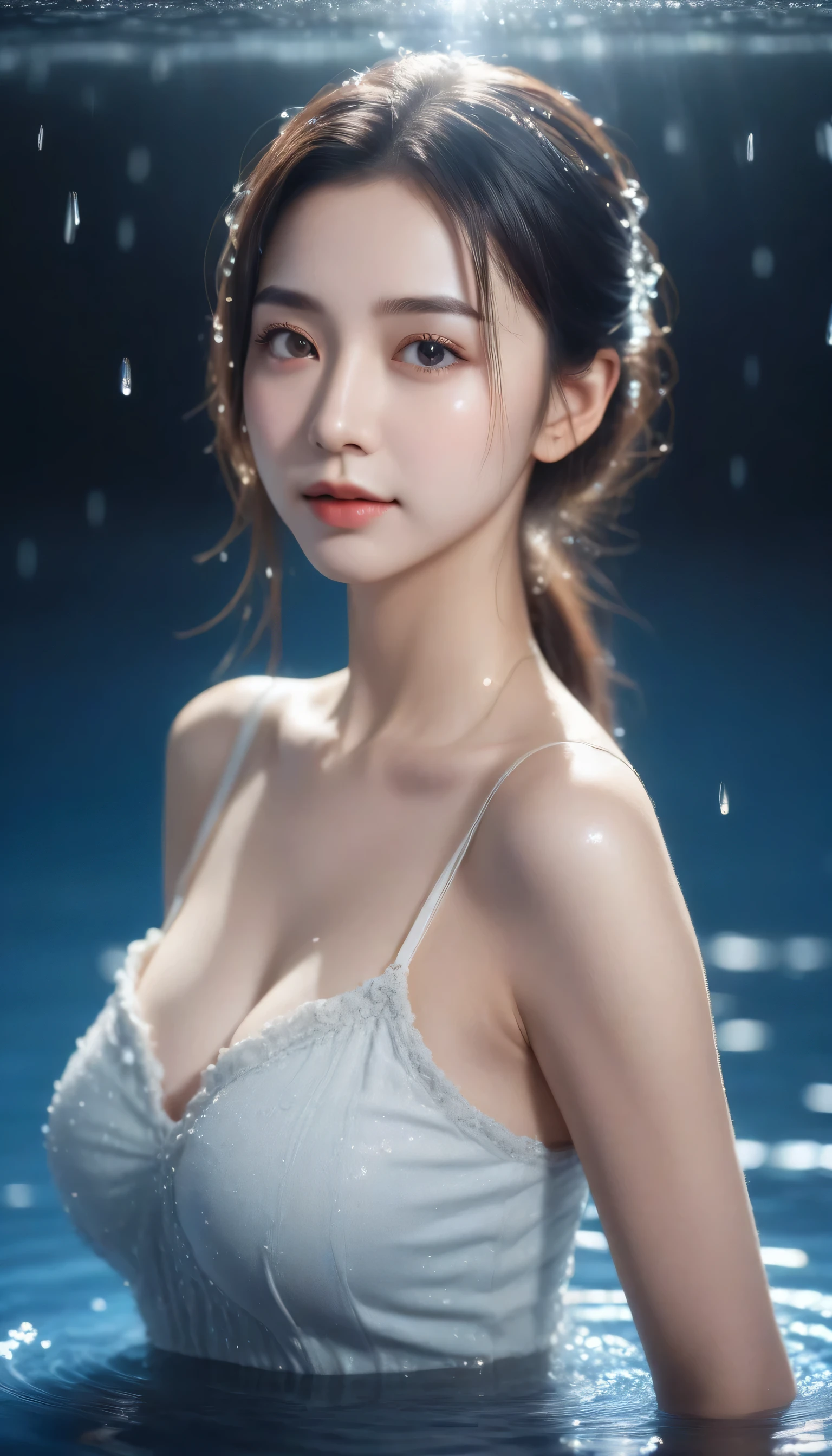 watery eyes，Love pupils，[shy]，long hair，masterpiece，best picture quality，ultra high resolution，higher quality，beautiful girl，woman，heart shaped hair accessories，8K resolution，hot girl，student，Contact lenses，blush，spaghetti straps，dusk，oasis（（Waterfall figure in the water）），Magic Ring，Volumetric light，Cinematic lighting，Natural light，Snow Moon Method Cute Girl Bare Shoulders，solo，The crystal clear water splash is perfectly reflected，The eyebrows have a pattern，beautiful black eyes，floating water splash，Black water droplets，Beautiful glow，best quality，illustration，masterpiece，The best production，best quality，Highly detailed，Extremely detailed CG，illumination，cute，Tyndall effect，Burning with water spray wrapped in water，Bare shoulders，depth of field，black water，Super Cute，shining，absolutely beautiful，Exquisite facial features，Cute，Black water particle effects，dream，floating black glowing particles，Burning hair，necklace（（masterpiece）），（(Highest quality))，Exquisite CG，blue-violet tone，Beautiful girl with a sweet and cute smile