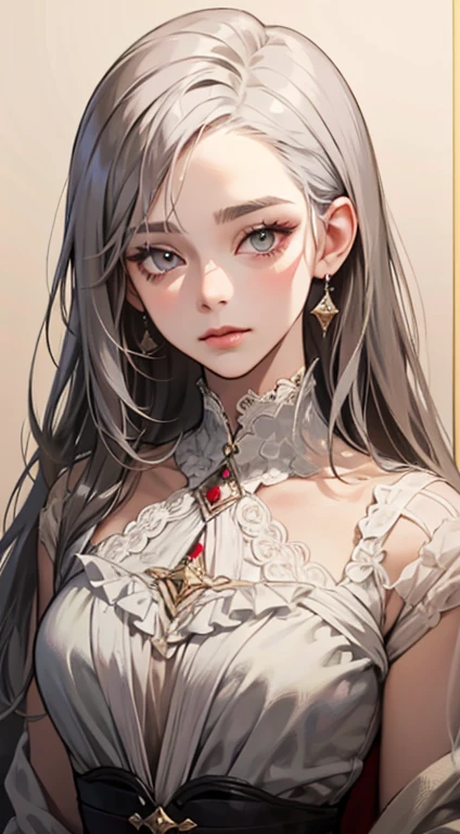 A painting of a woman with gray hair and an orange top, stunning anime face portrait, beautiful character painting, beautiful anime portrait, her image is rendered by red paint, presenting a stunning effect. The painting is very detailed, depicting women's faces and clothing. Her face has a creamy dripping effect, which makes the whole face more vivid. She wears a beautiful detailed outfit with pale gray hair. The proportions are accurate, and the costumes of the female characters are traditionally dressed, showing a classical charm.