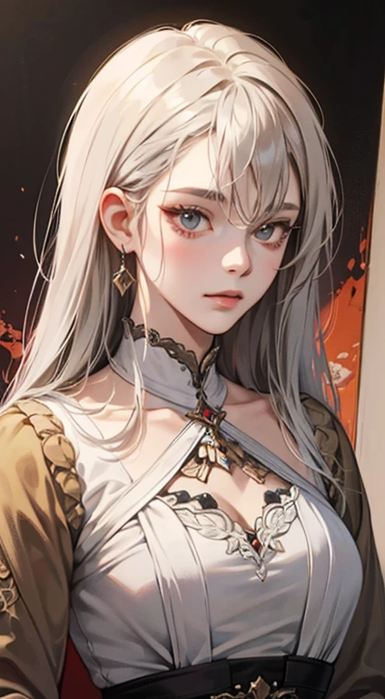 A painting of a woman with gray hair and an orange top, stunning anime face portrait, beautiful character painting, beautiful anime portrait, her image is rendered by red paint, presenting a stunning effect. The painting is very detailed, depicting women's faces and clothing. Her face has a creamy dripping effect, which makes the whole face more vivid. She wears a beautiful detailed outfit with pale gray hair. The proportions are accurate, and the costumes of the female characters are traditionally dressed, showing a classical charm.