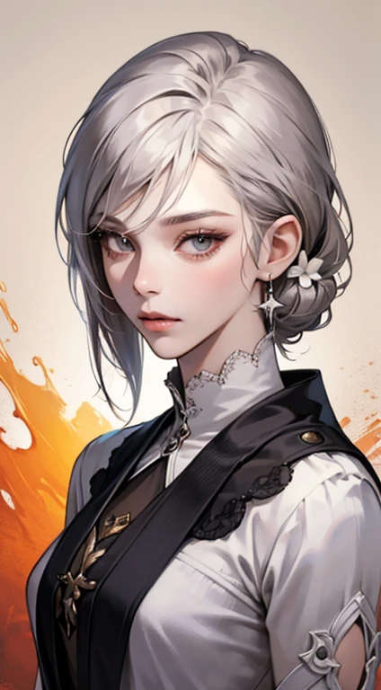 A painting of a woman with gray hair and an orange top, stunning anime face portrait, beautiful character painting, beautiful anime portrait, her image is rendered by red paint, presenting a stunning effect. The painting is very detailed, depicting women's faces and clothing. Her face has a creamy dripping effect, which makes the whole face more vivid. She wears a beautiful detailed outfit with pale gray hair. The proportions are accurate, and the costumes of the female characters are traditionally dressed, showing a classical charm.