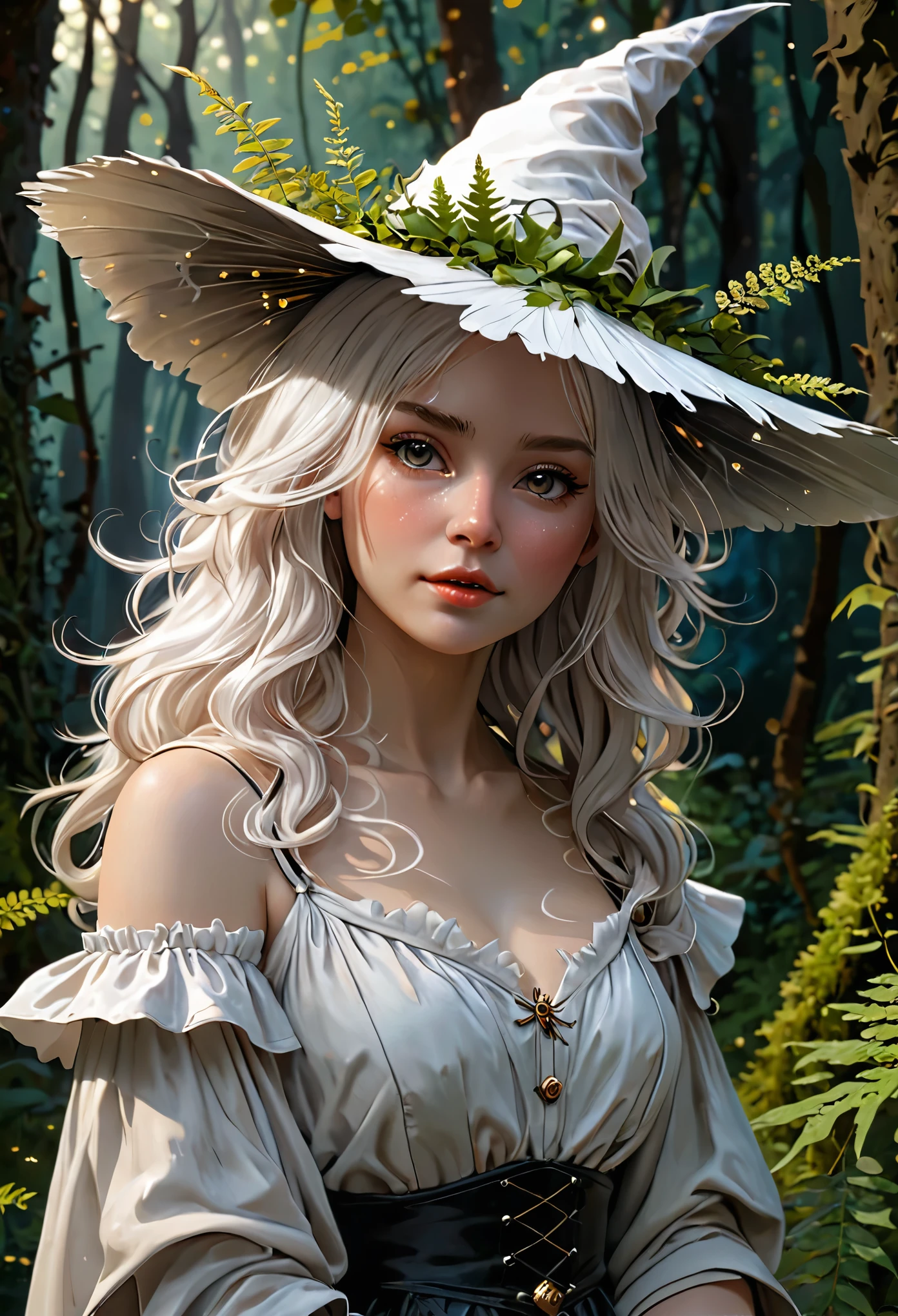 ((White Fluffy Witch Moth Curls )) Sparks And Fireflies, (Long Messy White Hair), ((Walking Along A Forest Path Among Ferns)), Delicate Hyperdetailed Pretty Face, Fantasy, Shine Skin, Witch Hat, Production Cinematic Character Render, Artstation Trends, Sharp Focus, Studio Photo, Expert, Intricate, Insanely Detailed, Soft Impressionist, Rutkowski, Loish, By Craig Davison, Jean-Baptiste Monge, Peter Paul Rubens, George Stubbs, John William Waterhouse, Concept Art Detailed Character Design Matte Painting, ((By Brian & Wendy Froud)), By Brian Froud And Alan Lee, Realism, Hyperrealism, 16k, UHD, masterpiece, super detail