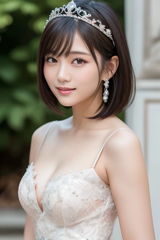 (highest quality:1.5)、(Realistic:1.5)、(1 person:1.5)、(Upper Body:1.5)、Very detailed、High resolution、8k wallpaper、、Small breasts、Natural color lips、Cute Smile、Japanese women、20-year-old girl、Beautiful and elegant face、Perfect and beautiful face、Big eyes、Brunette's eyes、Beautiful and elegant face、Perfect and beautiful double eyelids、Natural Bangs、Beautiful thin nose、Beautiful Skin、Chestnut Hair、Medium Bob Hair、Shortcuts、Natural Bangs、Perfect and beautiful face、Slim face and figure、(Looking at the camera)、Bright lighting、Professional Lighting、Forward lighting、Natural smile、church、Princess line wedding dress、tiara、Beautiful cleavage、