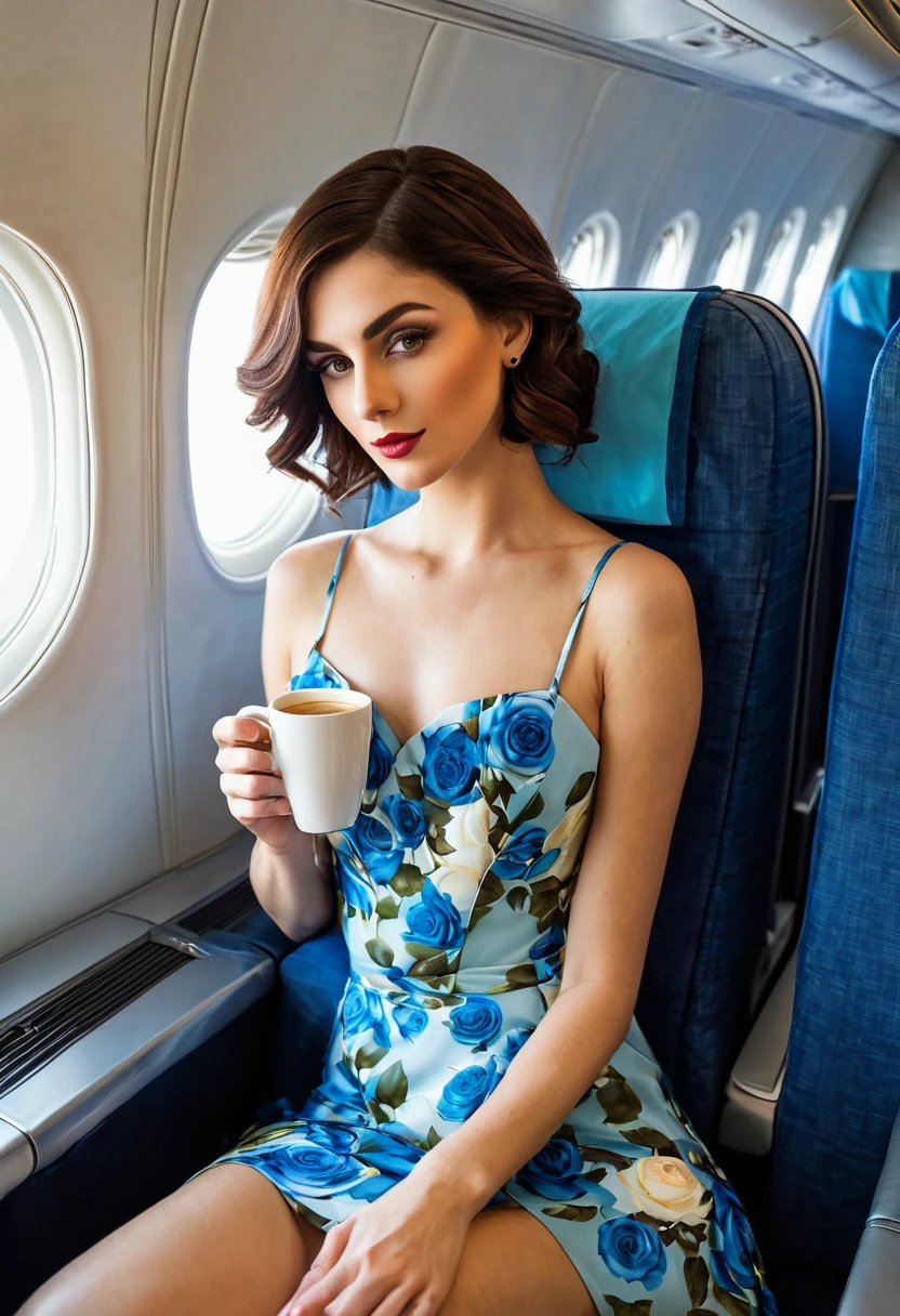 Ein wunderschöner Strauß Rosen und Vergissmeinnicht liegt in der Flugzeugkabine, eine Tasse Kaffee, Stil von Kitagawa Utamaro und Anka Zhuravleva