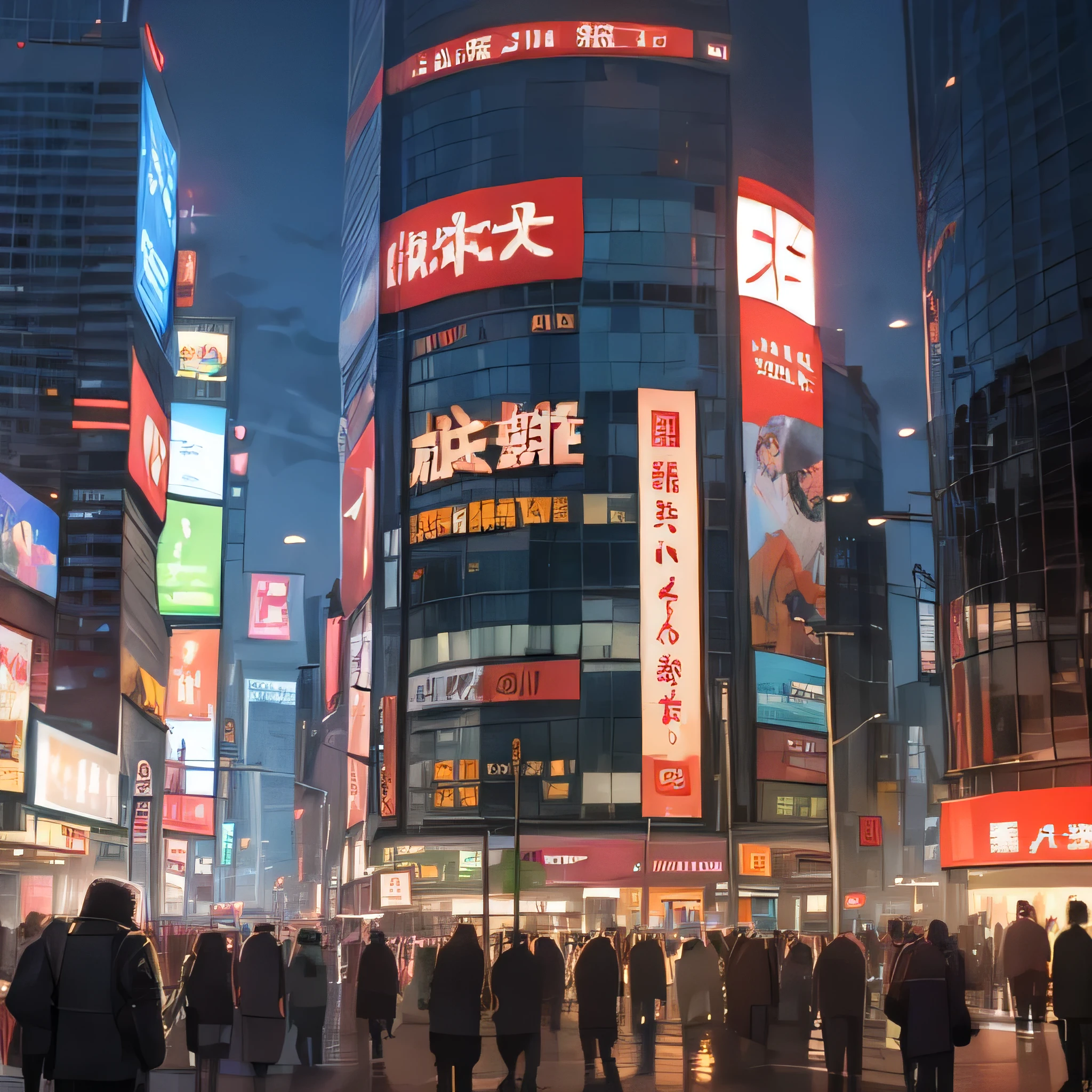 Landscape painting、Akihabara&#39;s electronic bulletin board、A large LCD TV screen on the top side of the building