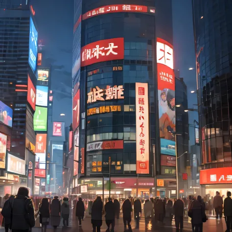 landscape painting、akihabara&#39;s electronic bulletin board、a large lcd tv screen on the top side of the building