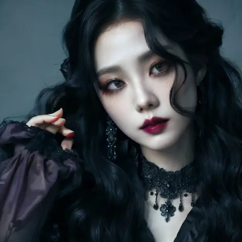 un primer plano de una mujer con cabello largo y negro y un estrangulador, cruel korean gothic girl, gothic aesthetic, gothic ho...