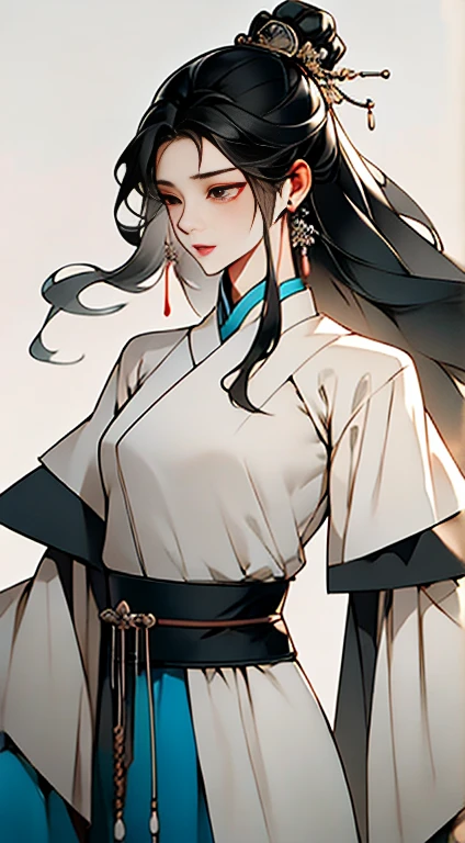 (Masterpiece, Top Quality, Best Quality), ((Wuxia World, Xiuxian, Chinese Wuxia,)), (1 Girl Solo), (Full Body), (Gentle Eyes), (Ancient Chinese Clothes, Cyan Robe, Embroidered Collar Uesugi, White Big Sleeve Shirt, Streamers), (Hairpin, Long Black Hair), (Hanfu), Light Pink Lips, (Young), Earrings, White Skin, (Clear Facial Features, Detailed Skin Texture, Beautiful Face, Facial Highlight), Color Ink Painting, Splash Color, Sketch, Denoising, Splash Ink, Dramatic, Cinematic grade, white background, standing, slim body, 8k UHD, DSLR, soft light, high quality, high resolution, (very detailed CG unity 8k wallpaper)