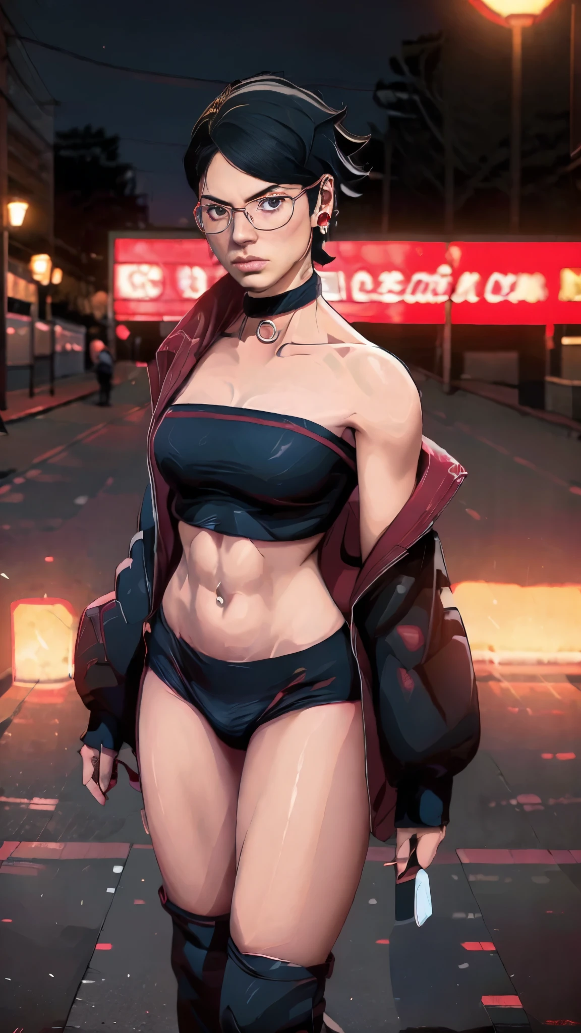 A young girl with black-framed glasses is wearing a crop top and panty. She has clear eyes, a skinny body, flat chest, and slender abs. Her messy long hair is adorned with a necklace and earrings. The atmosphere around her is sad with a dark ambiance. Soft lighting illuminates the scene as she walks on the street filled with neon advertising at night. The image should have the best quality, with a resolution of 4k, 8k, or higher, emphasizing ultra-detailed and realistic elements.