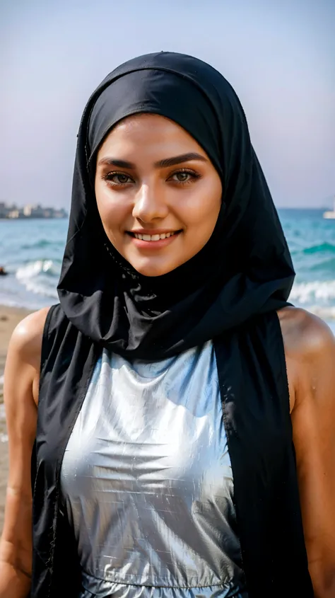 Beautiful Middle East Baby Face , 18 Years Old Woman , Wearing Black Hijab Muslim Outfit , Black Cadar , She Have Beautiful Grey Retina , Big Chest , Sleeveless Outfit , Glow Makeup , Whiten Skin , Smiling , On The Beach
