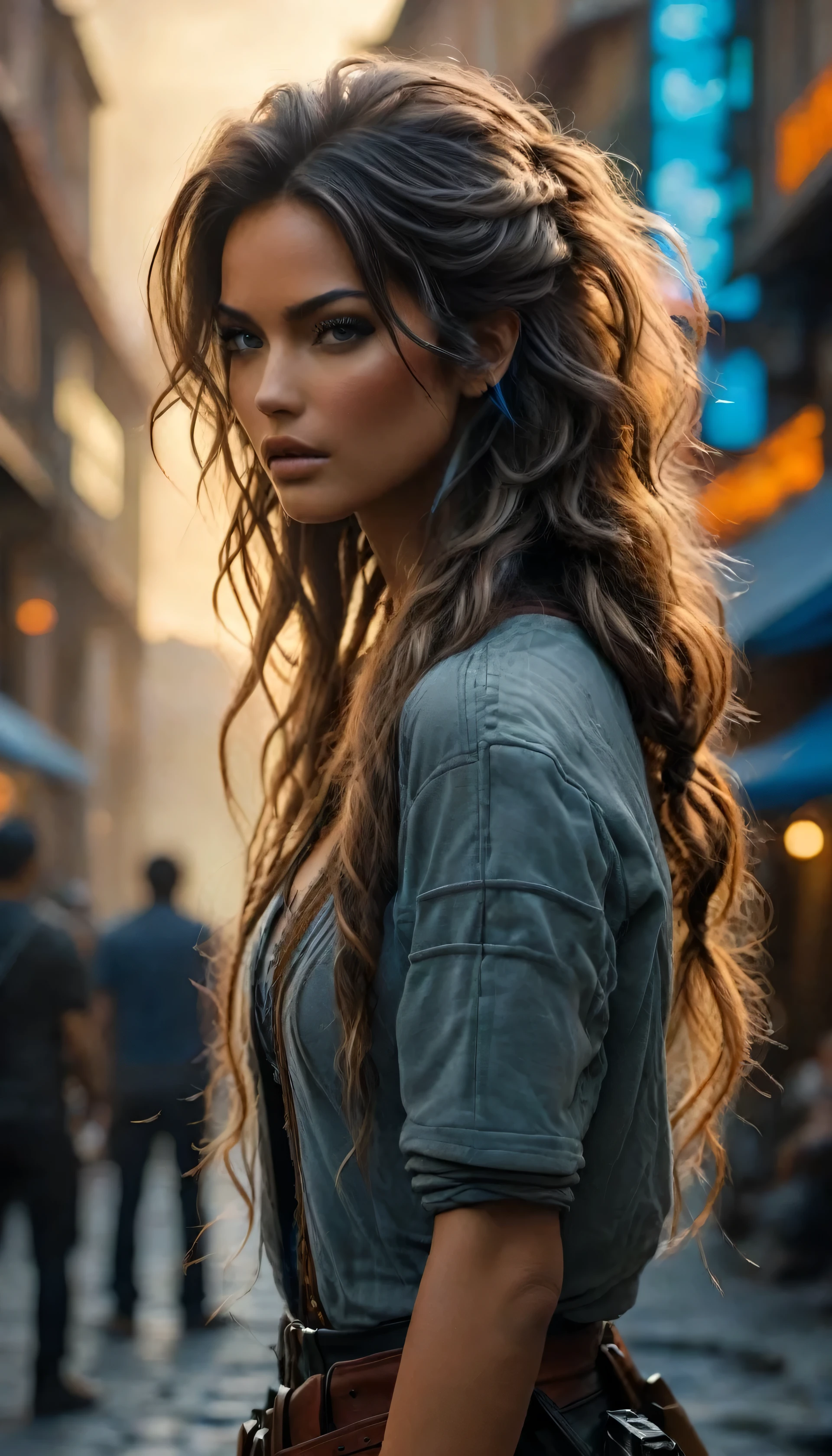 Masterpiece, best possible quality (UHD photographic low angle shot,) ((of a gorgeous stealthy and agile thief and adventurer in the middle of a street, in a dystopian city under attack, by what appear to be humans that have been infused with Viper DNA, The girl was no older than 1, but could fight like she was born for it, natural beauty, stunningly beautiful, ((Ultra-finely-detailed (fashion model looks and figure))), long, detailed, flowing ponytail)), ((holding a long dagger and a .50 desert eagle)), razor-sharp curved blades, in a fighting stance dressed in leather, scrapped metal and fur lined garments that didn't leave too much to the imagination, consistent with the local tribes. (((It was her very fit body that was exuding a bright blue glowing aura, a luminescence that would light the street at night if it came to that, coming from her body in all directions))), wide-angle lens f/1.8, horrible battle imagery, magical bright blue rays of energy, explosions of earth, fire and smoke, swordplay, exciting action, fierce gaze, Ultra-high-quality, Ultra-fine-details, dystopian, post-apocalyptic setting, cinematic movie still, masterpiece, the best quality possible, highest possible resolution, 8k, ray tracing, HDR, UHD, volumetric lighting, Absurd resolution, textured details, excellent composition and lighting, golden hour, rule of thirds, over the shoulder, back view, God rays, God particles, Unreal Engine 5, Unity Engine, Blender, corona render, octane render, masterpiece,