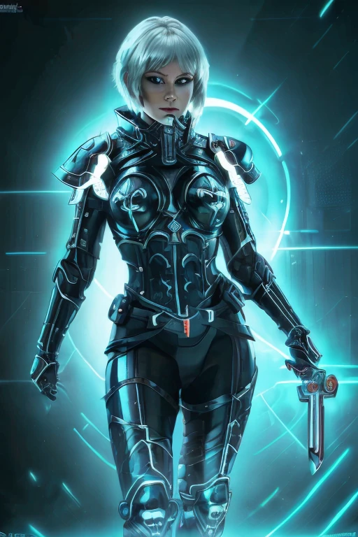 quorra cyborg,sexy,(best quality,4k,8k,highres,masterpiece:1.2),ultra-detailed,(realistic,photorealistic,photo-realistic:1.37),futuristic,neon lights,mirror reflection,colorful,glowing eyes,shiny metallic skin,seductive pose,curves emphasized,high-tech,black leather outfit,leather gloves,exposed circuits,mechanical limbs,enhanced strength,artificial intelligence,powerful presence,confident expression with sword in hand