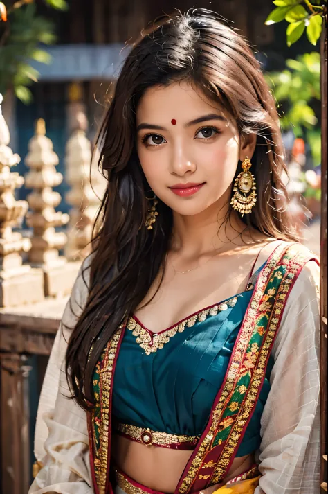 masterpiece, centered, 1 young Indian woman with a cute and radiant face, featuring exquisitely detailed eyes, expressing a mix of shyness and joy, dressed in vibrant traditional Indian attire. She has a slim figure and medium-sized breasts. Generate an 8k...