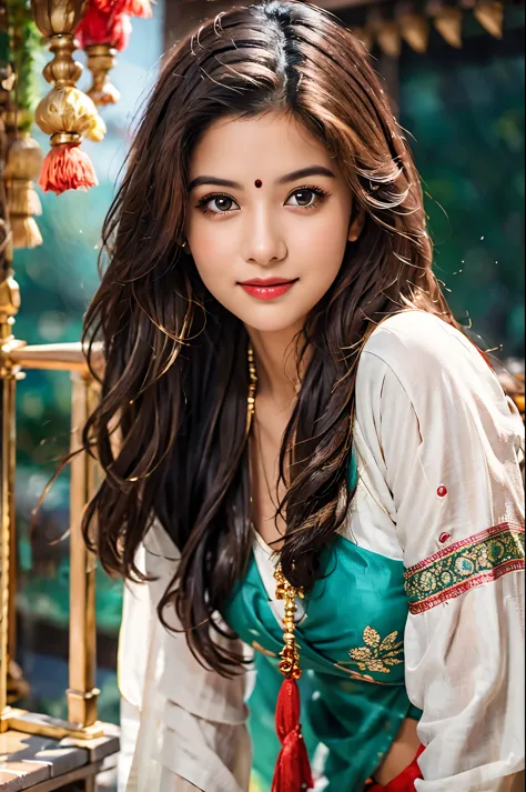 masterpiece, centered, 1 young Indian woman with a cute and radiant face, featuring exquisitely detailed eyes, expressing a mix of shyness and joy, dressed in vibrant traditional Indian attire. She has a slim figure and medium-sized breasts. Generate an 8k...
