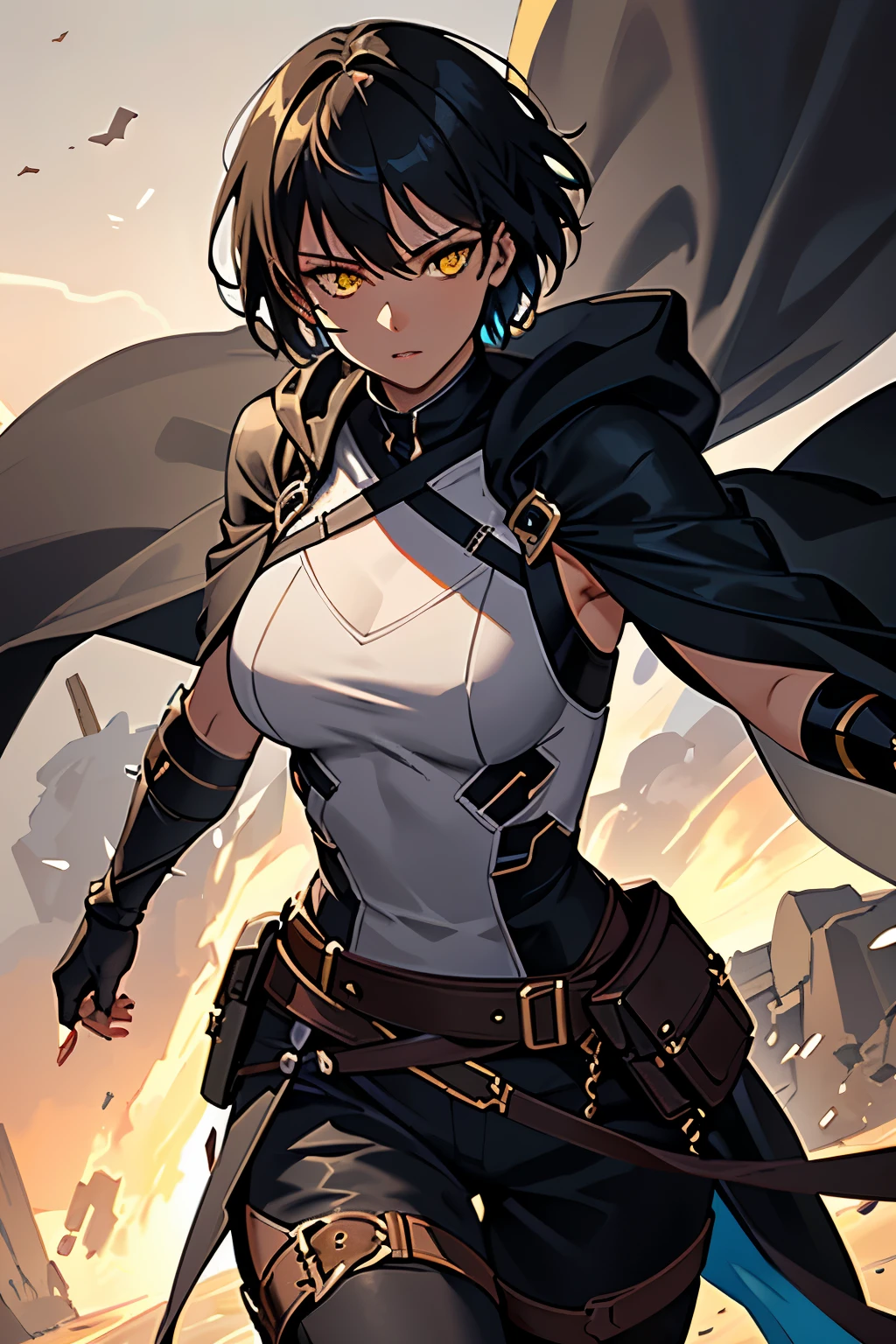 (high-quality, breathtaking),(expressive eyes, perfect face) ((1boy)), male, solo, young adult, black hair, yellow eyes, (short spiky hairstyles) short hair length, (dark skin), soft serious expression, Archer profession, thief attire, cargo pants, lots of belts, Black leather armor, cloak and dagger, environment background, fantasy clothing, fantasy attire, DnD rogue Class, half body, black and brown clothing palette, ((tan skin color)), rogue, leather arm guards, fantasy, (big Stigmata), character focus, ((black light)),((dark lighting)), cinematic lighting ,(darkness), (concept art), (glowing eyes), high resolution, extremely detailed CG unity 8k wallpaper, ((masterpiece)), ((top-quality)), (beautiful illustration), ((an extremely delicate and beautiful)), (masterpiece, Best quality, ultra high resolution), glowing yellow eyes, Luminous_eyes, ultra detailed eyes, Beautiful and detailed face, detailed eyes, (Centered, torso), (wide shot:0.9), facing the viewer, Eye level, ((fully clothed))
