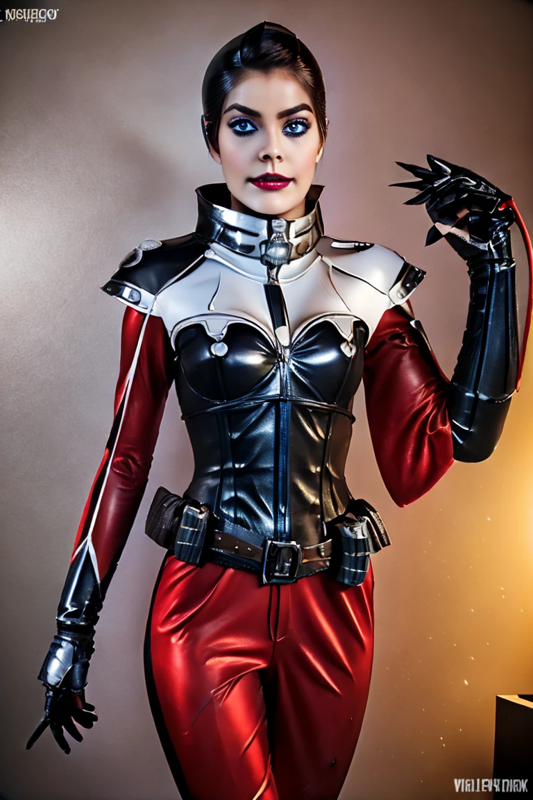 harley quinn TRON costume sexy clothes transparent. professionally retouched, soft lighting, realistic, smooth face, perfect eyes, sharp focus on eyes, 8 k, high definition, insanely detailed, intricate, elegant. in a natural background.female_service_cap brown_eyes _facial_mark white_gloves sombra
