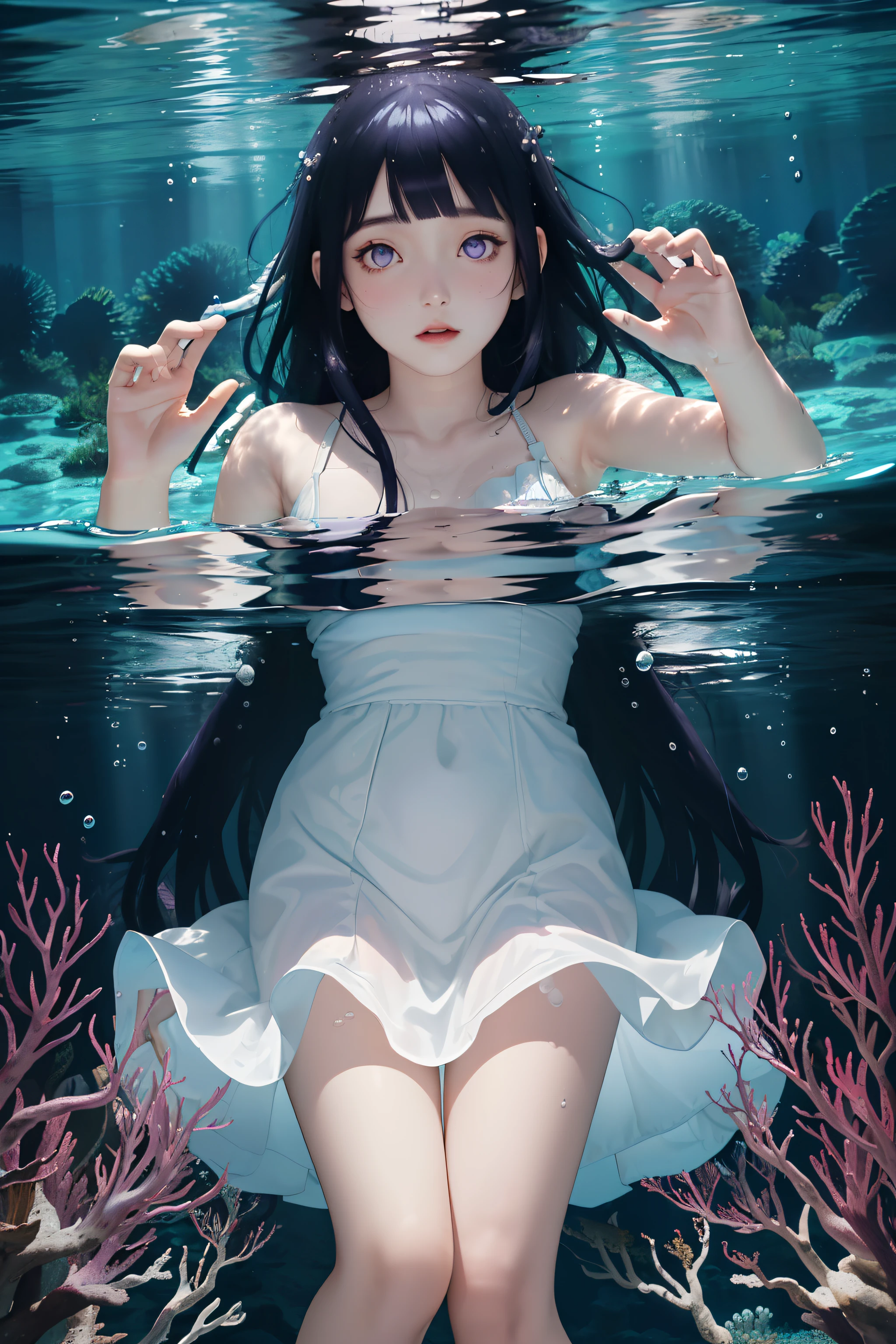 One girl, (Sleeping Peace:0.9), Tilt your head, (In the water,In the water theme,In the water forest, reflection:1.2), upper_body, Long Hair,Blunt bangs, Purple eyes, Dark blue hair,White Dress,race