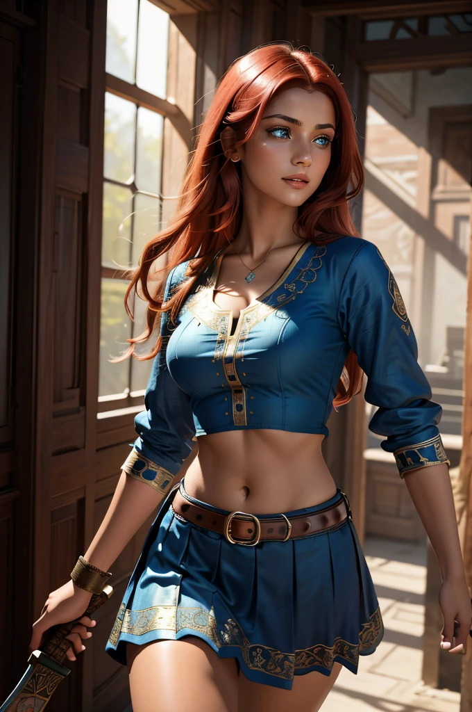 A red-haired, blue-eyed woman, set in a 1920 setting, combat bloody, bloody, combat stance, with a 2-foot long-handled dagger in her hand wearing a school girl mini skirt, red-Crimson hair, South-Indian woman, olive-skinned woman, red-haired woman with mesmerizing features, masterpiece, top quality, best quality, official art, beautiful and aesthetic:1.2), (1girl), extreme detailed,(fractal art:1.3), colorful, highest detailed, (masterpiece, best quality:1.3) 1 blue-eyed woman, professional digital painting, Unreal Engine 5. Wearing an embroidered Indian silk linen blouse, Wearing a short pleated skirt, Long hair, hopeful expression, finely detailed eyes, smiling, epic scene, epic composition, Cinematic Lighting, Volumetric Lighting, ethereal light, intricate details, extremely detailed volumetric rays. Blue Eyes. [Beautiful girl, linen shirt and pants, oil painting, Detailed facial features, Sunlight, bright colors, dramatic lighting, expressive eyes, and lips, High Resolution, 4K quality, Photorealistic] 1920 clothing, 1930 clothing,
