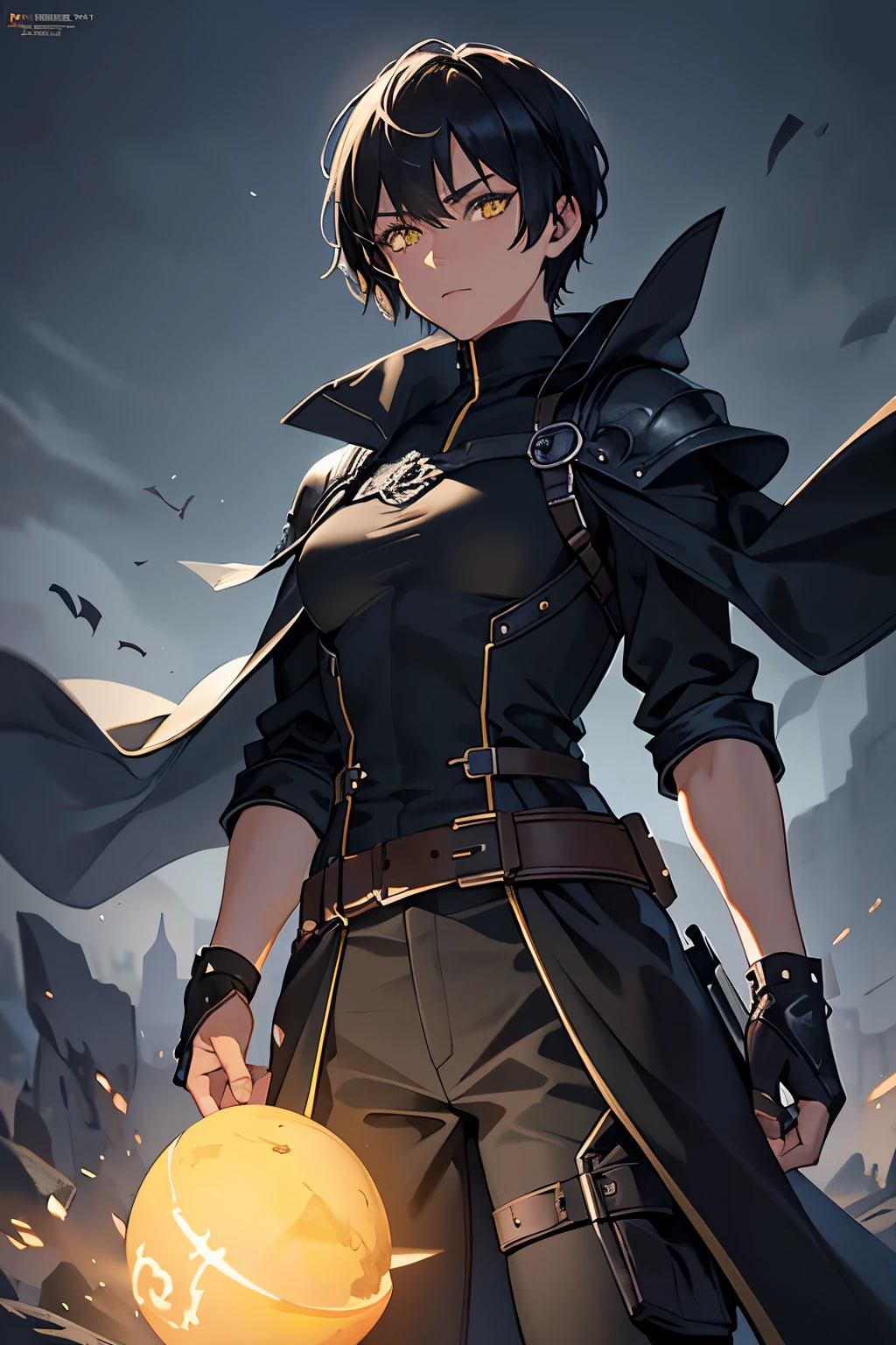 (high-quality, breathtaking),(expressive eyes, perfect face) ((1boy)), male, solo, young adult, black hair, yellow eyes, (short spiky hairstyles) short hair length, (dark skin), soft serious expression, Archer profession, thief attire, cargo pants, lots of belts, Black leather armor, cloak and dagger, environment background, fantasy clothing, fantasy attire, DnD rogue Class, half body, black and brown clothing palette, ((tan skin color)), rogue, leather arm guards, fantasy, (big Stigmata), character focus, ((black light)),((dark lighting)), cinematic lighting ,(darkness), (concept art), (glowing eyes), high resolution, extremely detailed CG unity 8k wallpaper, ((masterpiece)), ((top-quality)), (beautiful illustration), ((an extremely delicate and beautiful)), (masterpiece, Best quality, ultra high resolution), glowing yellow eyes, Luminous_eyes, ultra detailed eyes, Beautiful and detailed face, detailed eyes, (Centered, torso), (wide shot:0.9), facing the viewer, Eye level, ((fully clothed))
