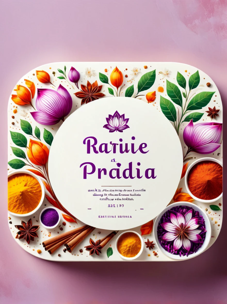 Design a minimalist food label for a non-specific brand, taking inspiration from the vibrant colors of India. The label should feature clean lines and simple typography, expressing a commitment to simplicity and efficiency. Use a soft shade of purple for the background, to symbolize elegance and creativity. Incorporate a delicate pink lotus flower into the design, as it's a symbol of purity and spirituality in Indian culture. Place a stylized logo prominently at the top, utilizing a sleek modern font. Also, incorporate a small illustration of traditional Indian spices to indicate the country of origin. The overall aesthetic should be fresh and contemporary, ideally capturing the spirit of India while still retaining a modern feel. This design should evoke a sense of authenticity and quality, allowing it to stand out on the shelves.