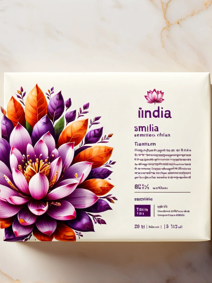 Design a minimalist food label for a non-specific brand, taking inspiration from the vibrant colors of India. The label should feature clean lines and simple typography, expressing a commitment to simplicity and efficiency. Use a soft shade of purple for the background, to symbolize elegance and creativity. Incorporate a delicate pink lotus flower into the design, as it's a symbol of purity and spirituality in Indian culture. Place a stylized logo prominently at the top, utilizing a sleek modern font. Also, incorporate a small illustration of traditional Indian spices to indicate the country of origin. The overall aesthetic should be fresh and contemporary, ideally capturing the spirit of India while still retaining a modern feel. This design should evoke a sense of authenticity and quality, allowing it to stand out on the shelves.