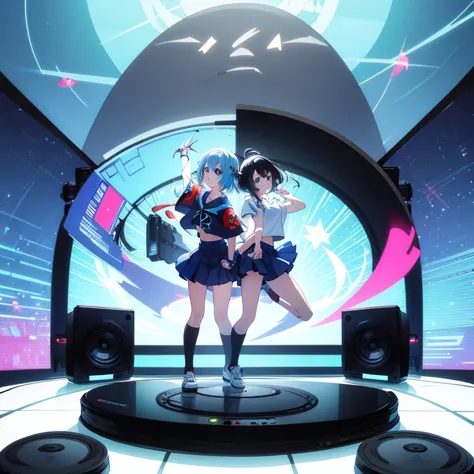 two anime girls in headphones are playing music on a turntable, anime vibes, anime style 4 k, ig studios anime style, nightcore,...