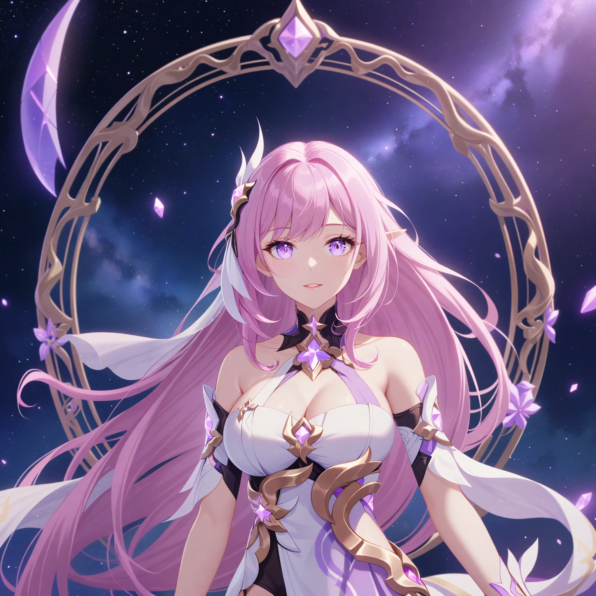 anime style,very aesthetic,1girl,elysia_/(herrscher_of_human:ego/)_/(honkai_impact/),pointed_ears,vivid pink_hair,dreamy anime fantasy background,raytracing,light purple eyes,criin,mihoyo,kagaya studio,floating,light particles,dsmile,starry sky,celestial,intricate,large breasts, glossy lips, long eyelashes,goddess,silk chiffon,cosmic,hires