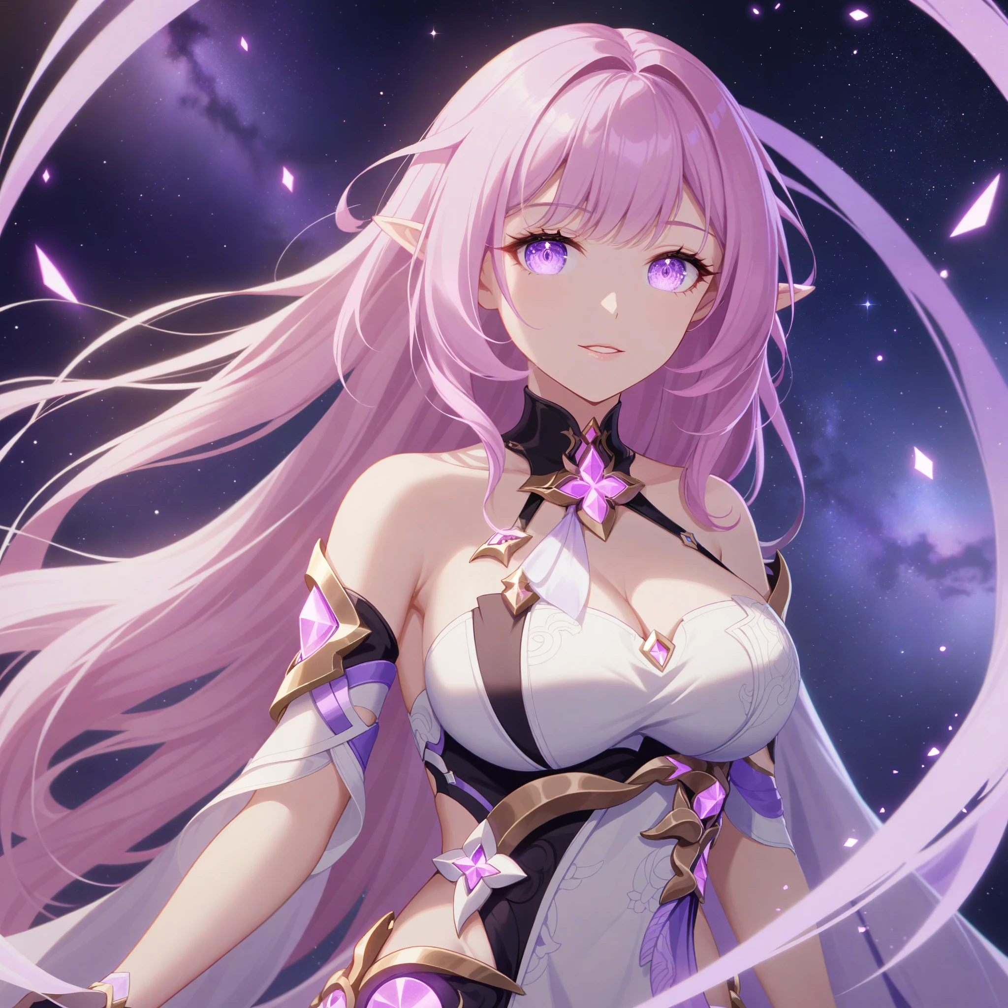 anime style,very aesthetic,1girl,elysia_/(herrscher_of_human:ego/)_/(honkai_impact/),pointed_ears,vivid pink_hair,dreamy anime fantasy background,raytracing,light purple eyes,criin,mihoyo,kagaya studio,floating,light particles,dsmile,starry sky,celestial,intricate,large breasts, glossy lips, long eyelashes,goddess,silk chiffon,cosmic,hires