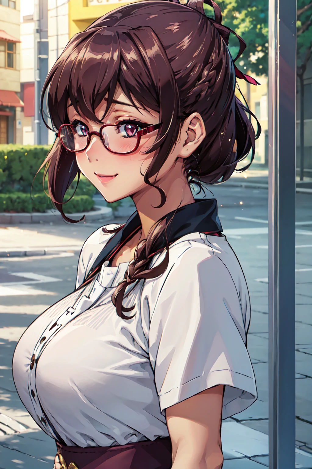 (high quality, High resolution, The finer details), Sidewalk, Side view, alone, girl, Braid, , Sparkling eyes, (large round frame glasses), (Beautiful Eyes), Big Breasts, ((A kind smile)), blush, Sweat, Oily skin, (Focus plane), Shallow depth of field