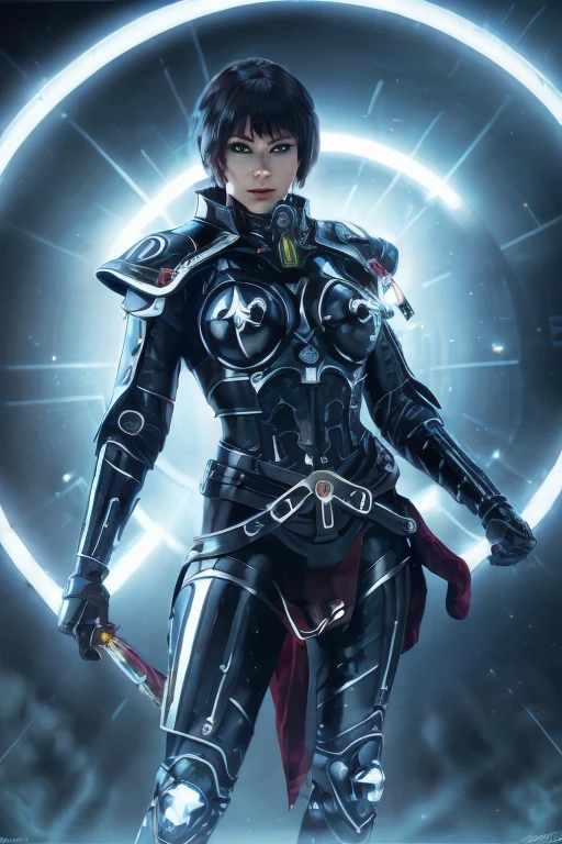 quorra cyborg,sexy,(best quality,4k,8k,highres,masterpiece:1.2),ultra-detailed,(realistic,photorealistic,photo-realistic:1.37),futuristic,neon lights,mirror reflection,colorful,glowing eyes,shiny metallic skin,seductive pose,curves emphasized,high-tech,black leather outfit,leather gloves,exposed circuits,mechanical limbs,enhanced strength,artificial intelligence,powerful presence,confident expression with sword in hand