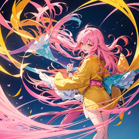 ((Pink Hair　Long Hair　light blue aura　Yellow aura　Orange Eyes))　((Fighter　gloves　Pink and yellow kimono))　(Red Shoes　Warlike)　Op...