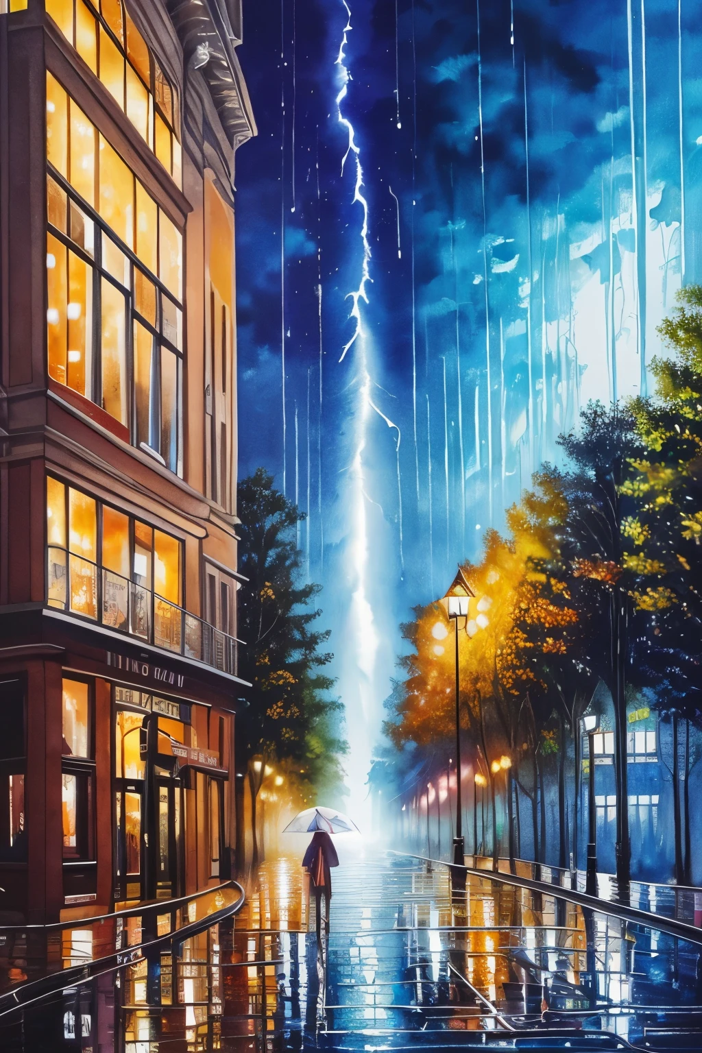 fusion of watercolor and oil painting, best quality, super fine, 16k, incredibly absurdres, extremely detailed, delicate, flashy and dynamic depiction, Iridescent rain pouring down, water splashing, sunlight spilling through the gaps in the clouds, a beautiful soaking wet woman looking up, background a city, a forest, a hill