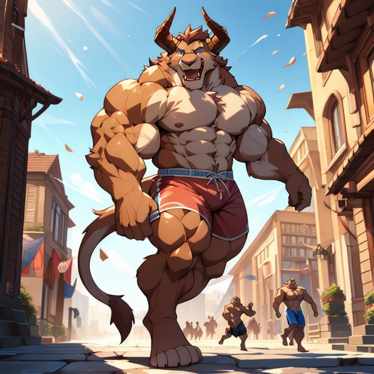A photorealistic image of the Beast from the movie Beauty and the Beast, super muscular giant, with muscular arms, broad shoulders, giant and toned physique, bursting muscular veins, blue eyes, tail, super furry brown fur, backward facing horns, with veins jumping, barefoot, super giant 50 meters high in the center of a city Lora:, full height. 4K, high resolution, best quality, (strong pecs, defined muscles, muscular shoulders), correct anatomy, (by Wfa:1.0), (by Takemoto Arashi:1.0), (by Taran Fiddler:0.5), sensual, (pink shorts , topless), sensual shadows, slender posture, open mouth, show tongue, open:1 eyes, detailed eyes