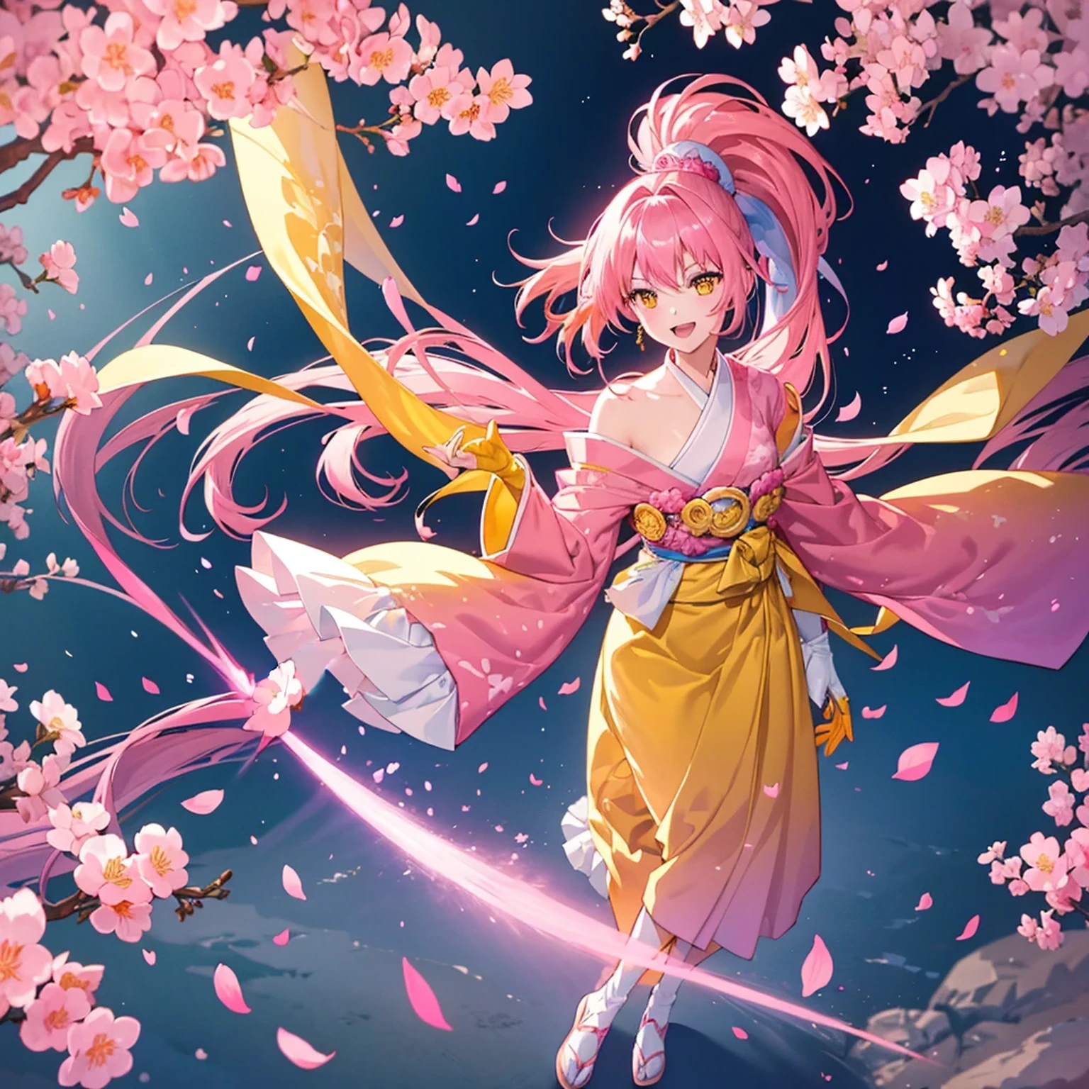 Anime-Mädchen mit rosa Haaren und gelbem Kleid, das am Himmel fliegt, Sakura Blütenblätter um sie herum, Anime-Stil 4K, Anime-Kunst-Hintergrundbild 8k, Anime-Kunst-Hintergrundbild 4k, Anime-Kunst-Hintergrundbild 4k, Fließende kirschfarbene Seide, Anime-Tapete 4 k, Anime-Tapete 4k, Sakura Kinomoto, Anime-Fantasie-Illustration, Anime-Fantasie-Kunstwerk, Anime-Tapete