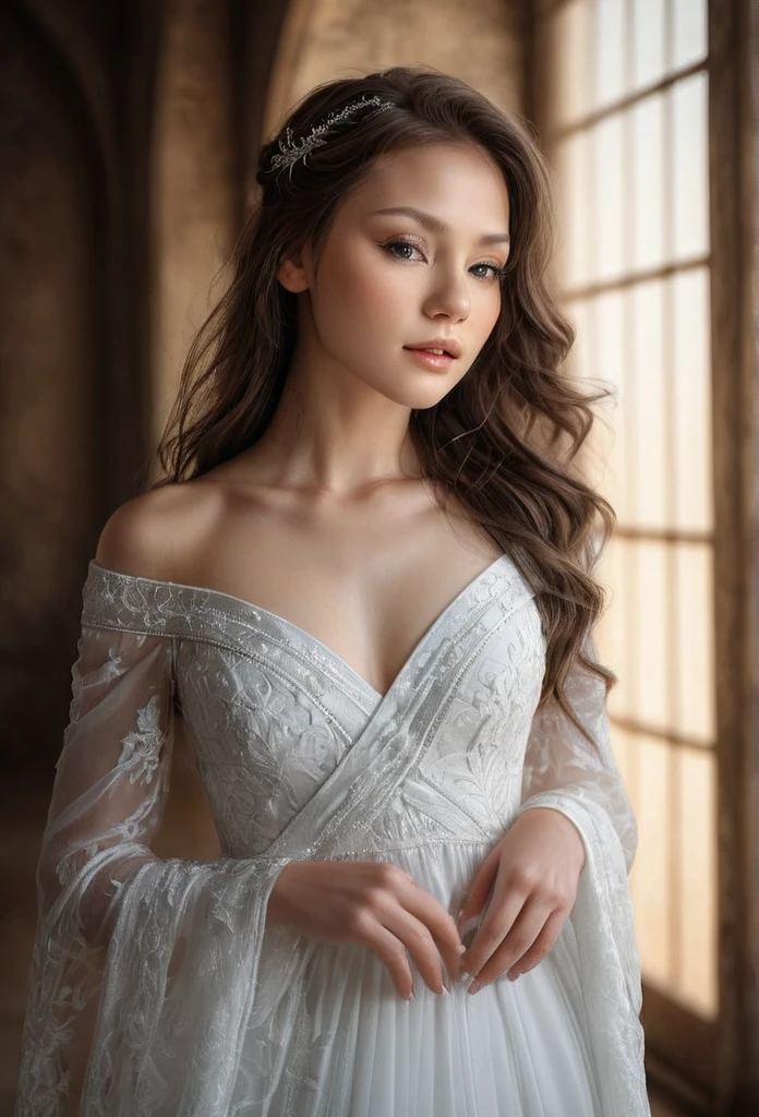 (best quality,highres:1.2), hyper-detailed, ultra-lifelike, (photorealistic:1.37), HDR, vivid colors, studio lighting,

Female figure, 18 years old, delicate facial features, alluring pale skin, mesmerizing gaze, full rosy lips,
Elven heritage, ethereal aura,

Elaborate braided hairstyle, cascading down to the ankles, silky and pure white like freshly fallen snow,
Enhanced by the gentle play of light and shadow,

Enchanting light grey eyes, resembling storm clouds on a calm day, with a hint of mysterious sparkle,
Piercing through the depths of the viewers' souls,

Pointed ears, slender and graceful, peeking through the flowing locks of hair, emphasizing the elven lineage,
Adding an otherworldly charm to the captivating portrait,

The citadel's interior enveloped in darkness, enhancing the elegant figure's radiance and allure,
Golden beams of light streaming in through the tall windows, illuminating the ethereal atmosphere,

The girl strikes a dynamic pose, showcasing her confidence and grace,
One arm raised, her delicate hand gently resting on the curved circlet adorning her forehead,
The other arm elegantly positioned with the ethereal white dress cascading down her slender frame,

She wears a revealing off-shoulder white dress, accentuating her alluring curves and fair skin,
The translucent fabric flowing around her, hinting at a gentle nip slip,
The floor-length gown dances and flutters, as if moved by an invisible breeze,

Every detail is meticulously captured in this hyperrealistic masterpiece,
The intense level of detail brings the girl to life, as if she could step out of the art,
Her existence in the artwork is so tangible, viewers are captivated by her otherworldly beauty,

This artwork, a trending sensation on ArtStation, combines the classical technique of chiaroscuro,
Creating a dramatic interplay of light and shadow, lending depth and dimension to the enchanting scene,

The composition resembles an analog film photograph by Steve McCurry,
Taken with a N