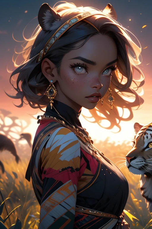 (sexy nubile women,african wildlife,day on the plains),beautiful detailed eyes,beautiful detailed lips,extremely detailed eyes and face,longeyelashes,[wild style:0.9],[vivid colors],[photorealistic:1.37],[best quality,4k,8k,highres,masterpiece:1.2],[concept artists],roaring lions in the background,leopard spots on one woman as her body paint,tiger stripes on another woman as her body paint,eagle feathers in the hair of one woman as an accessory,tropical flowers woven into another woman's hair as an accessory,[sunlight:0.9],[golden hour lighting],[natural elements],[lush grasslands],[stunning landscapes],[dynamic poses],each woman in unique African animal-inspired attire,[traditional African patterns],[distinctive animal features],[animalistic grace],safari-themed surroundings,blend of femininity and wildlife strength,[strong and independent],captivating and empowering,[elegant movement],[mysterious atmosphere],[ethereal beauty],[freedom and wilderness],[harmony with nature]