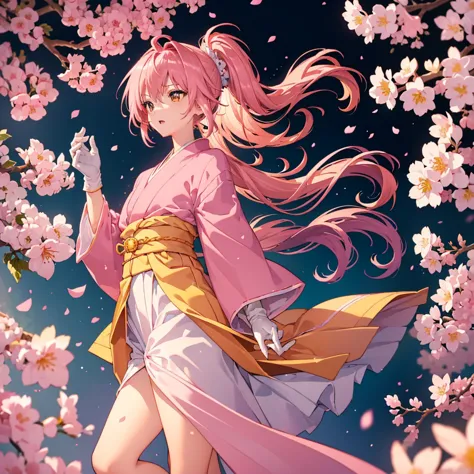 ((Pink Hair　Long Hair　水色のLight　Lightの筋　ambition　Orange Eyes))　((Fighter　Thimble gloves　Pink and yellow kimono))　(Red Shoes　Warli...