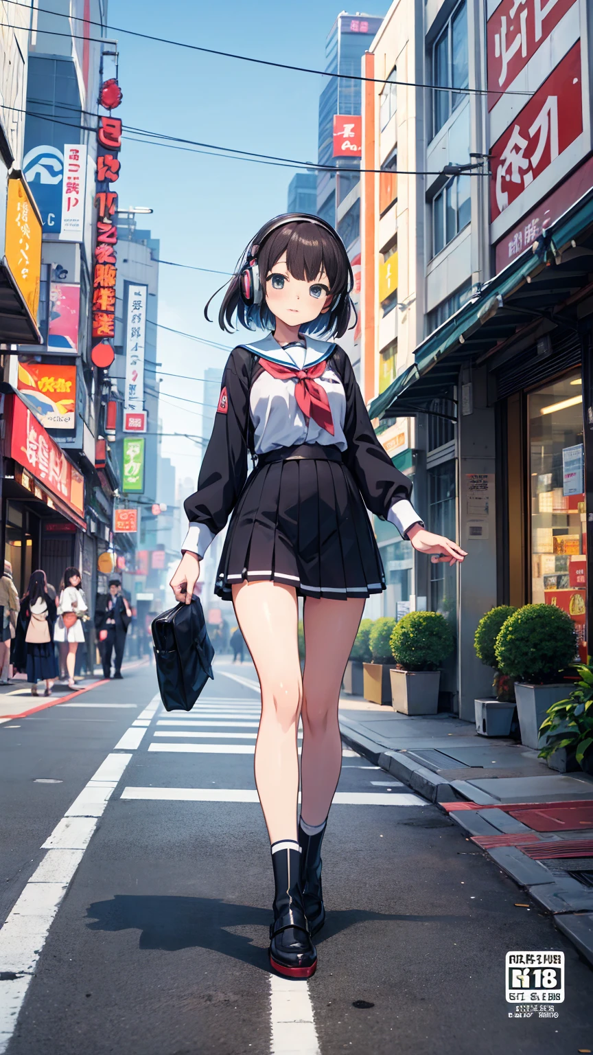 アニメの女の子 with headphones walking down the street in a , 美しい成熟した女子高生, ユニフォーム、美少女アニメビジュアル, 艦隊これくしょんスタイル,マンガイラスト, アニメの女の子, 図解 , 手描きアニメイラスト, young アニメの女の子, 渋谷区ビル街区、ぼやけた背景、シティポップ、全身、カウボーイショット、懐かしさ、スリーブカバー、被写体を大きくする