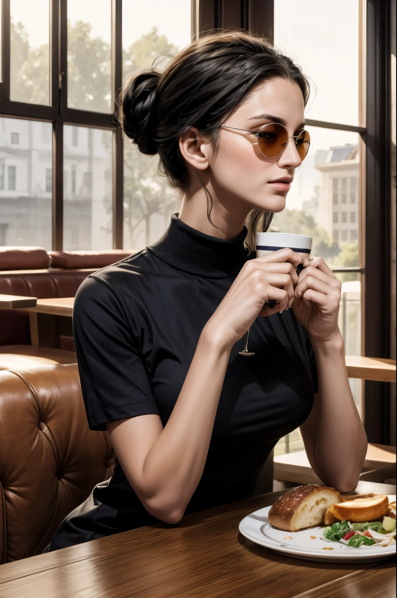 masterpiece, best quality, extremely detailed, hyperrealistic:1.1, photorealistic, a beautiful 20s russian model, ultra detailed face:1.1, half updo, black hair, navy mock neck t-shirt, sunglasses on head:1.1, in luxurious cafe, in the sunshine:1.1, sitting at table with a coffee cup:1.2, perfect hands, perfect fingers, laughing, eye closed
