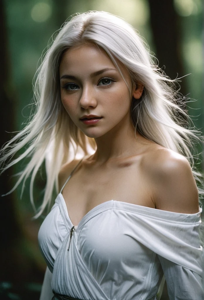 1girl,18yo,elf, extremely long white hair, light grey eyes, (pointed ears:1.3),

hyperrealistic,masterpiece,trending on artstation,chiaroscuro,analog film,intense detail,
photograph by Steve McCurry using Nikon FM2 camera and Nikkor 105mm Ai-S F2.5 lens using Kodachrome 64, professional photoshoot, national geographic photo,

Inside a forest, dynamic pose, dark background,
Revealing white dress, dynamic pose, transparent floor-length dress,circlet, 
off shoulder, nip slip 