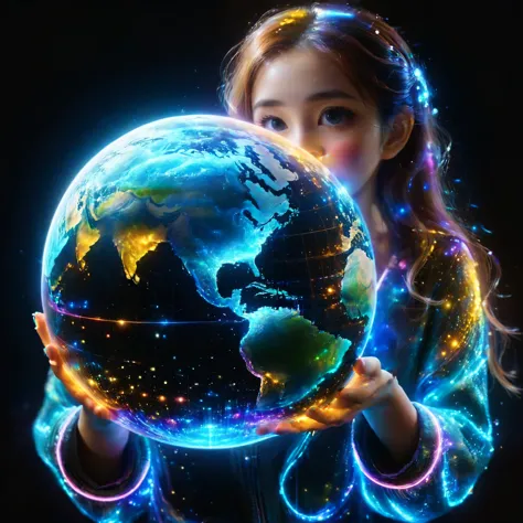 The Dark Universe、Shining Earth、Girl holding the globe、Shining in a variety of colors