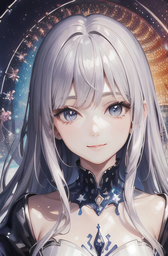 (masterpiece, highest quality, highest quality, Official Art, beautifully、beautiful:1.2), (1 Girl:1.3), (Fractal Art:1.3),girl，beautiful，An innocent smile，Silver Hair，Long Hair，Princess，Smooth Hair