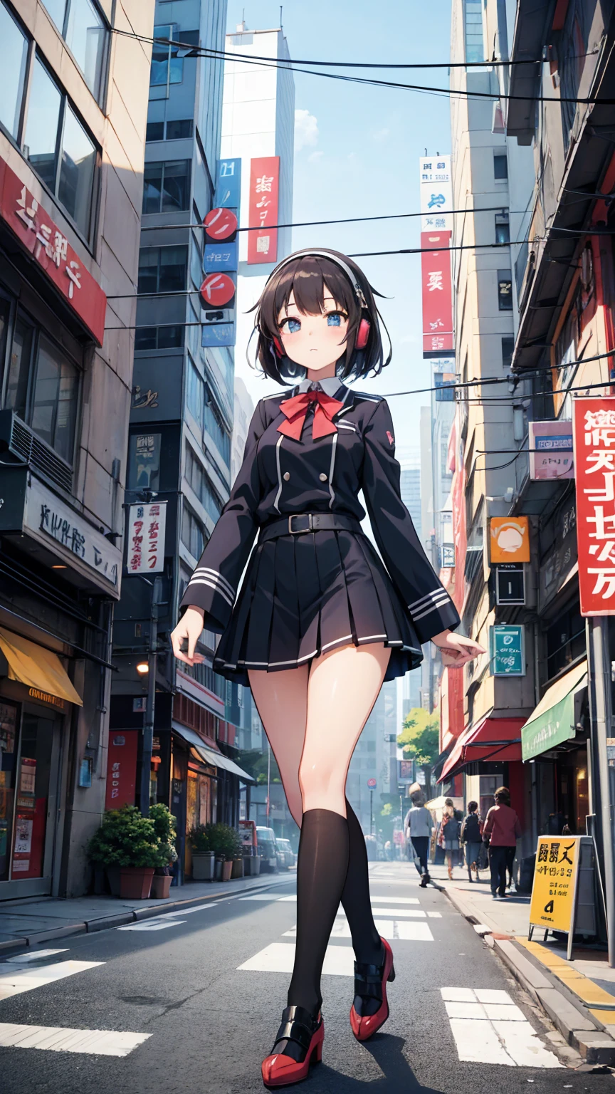 Anime Mädchen with headphones walking down the street in a , Schönes reifes Highschool-Mädchen, Uniform、Schöne Anime-Bilder von Mädchen,groß、 Kantai-Kollektionsstil,Manga-Illustration, Anime Mädchen, illustriert , Handgezeichnete Anime-Illustrationen, young Anime Mädchen, Gebäudeviertel des Bezirks Shibuya、unscharfer Hintergrund、Stadtpop、ganzer Körper、Cowboy-Schuss、Nostalgie、Ärmelabdeckung、Das Motiv vergrößern