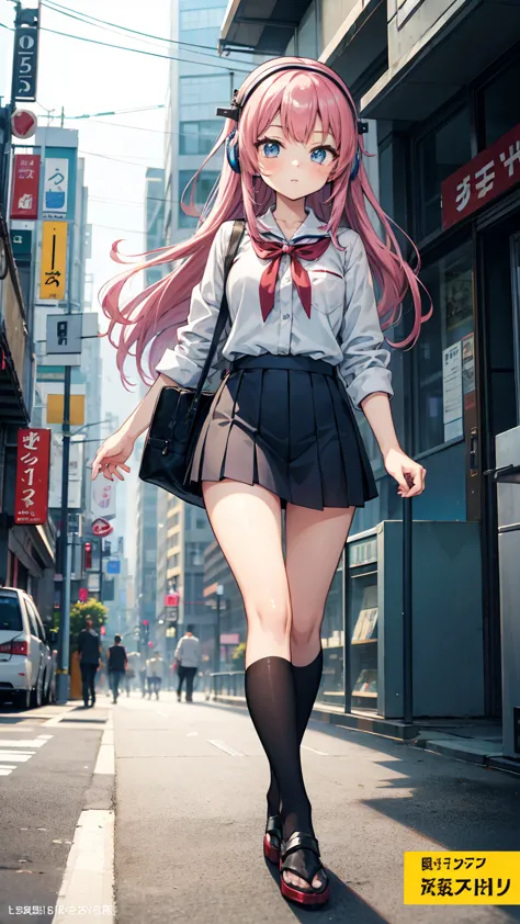 Anime Girls with headphones walking down the street in a , Beautiful mature high school girl, uniform、Beautiful girl anime visua...