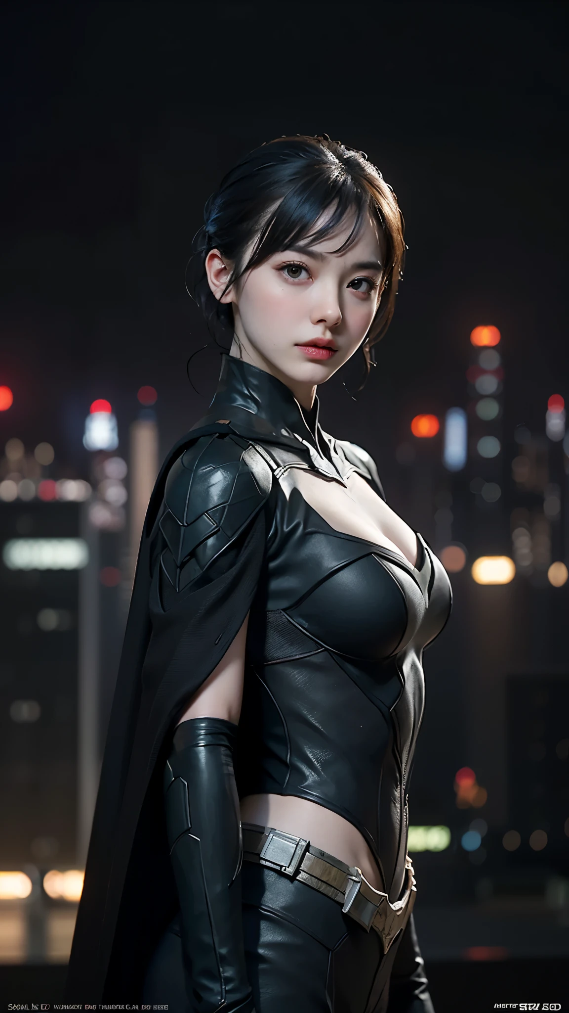 ((Masterpiece, Top Quality, High Resolution, Photorealistic, Raw, 8K wallpaper)), (huge stunning goddess shot, very hot and sexy, jaw dropping beauty, perfect proportions, beautiful body, slim body beauty: 1.4), batman standing on Rooftop overlooking city skyline at night, gotham city background, nighttime in gotham city, gotham city, from movie batman, gotham city double exposure, gotham city style, film still of batman, metropolis filmic gotham city, cyberpunk batman, still image from batman movie, in batman movie still cinematic, gotham setting, the batman, gotham,