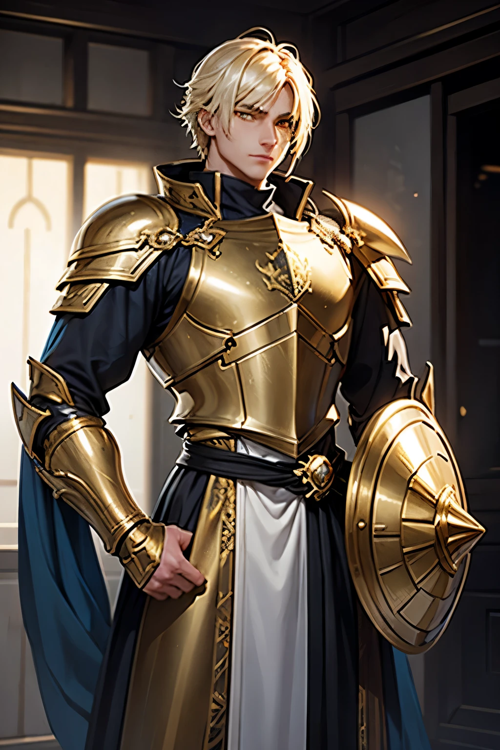 Knight of Light,young man,strong muscles,golden armor,shield and sword, (bright eyes), (Cold eyes), gradient eyes, anime, glare, Ray tracing, depth of field