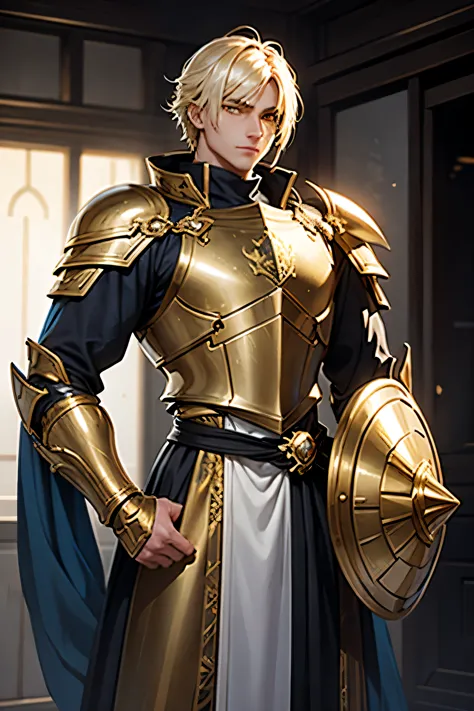 Knight of Light,young man,strong muscles,golden armor,shield and sword, (bright eyes), (Cold eyes), gradient eyes, anime, glare,...