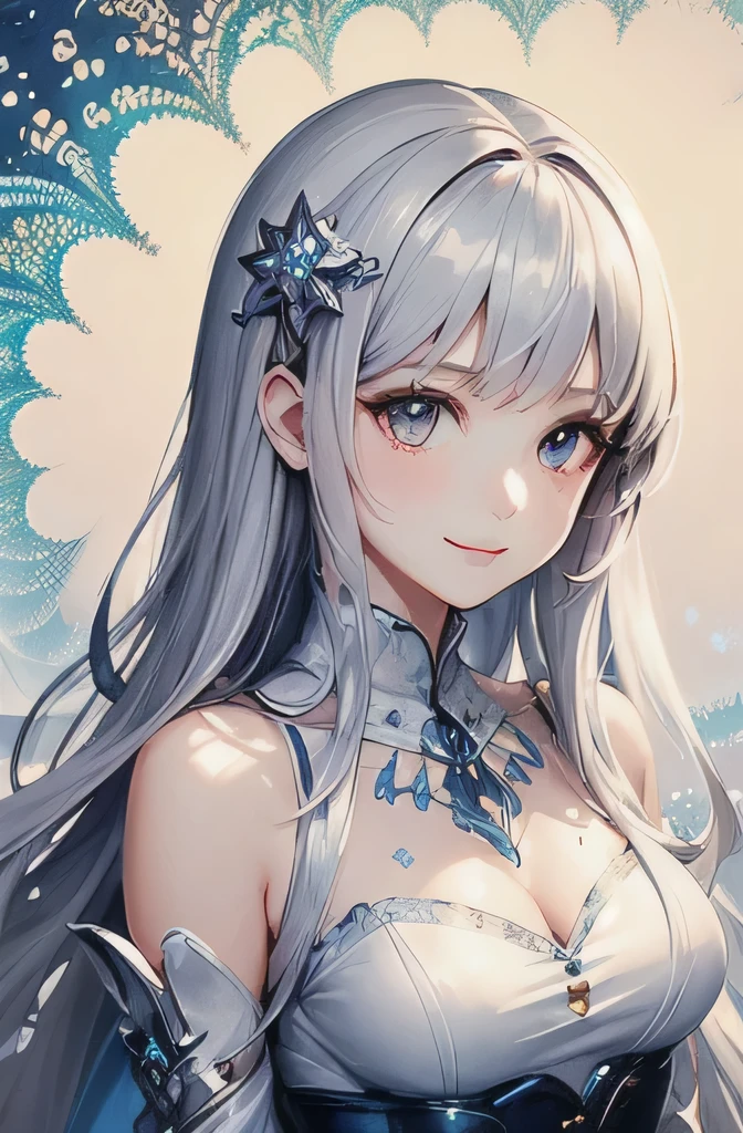 (masterpiece, highest quality, highest quality, Official Art, beautifully、beautiful:1.2), (1 Girl:1.3), (Fractal Art:1.3),girl，beautiful，An innocent smile，Silver Hair，Long Hair，Princess，Smooth Hair，Noble princess dress，Glitter hair ornaments，Upper Body，I am praying